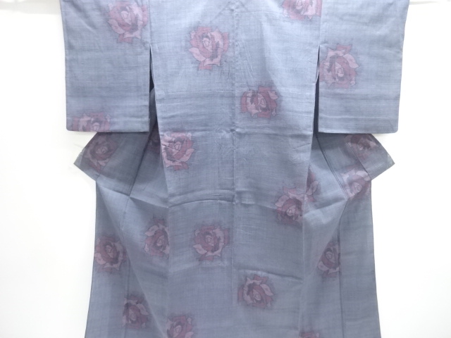 JAPANESE KIMONO / ANTIQUE ROSE PATTERN WOVEN- TSUMUGIHITOE KIMONO